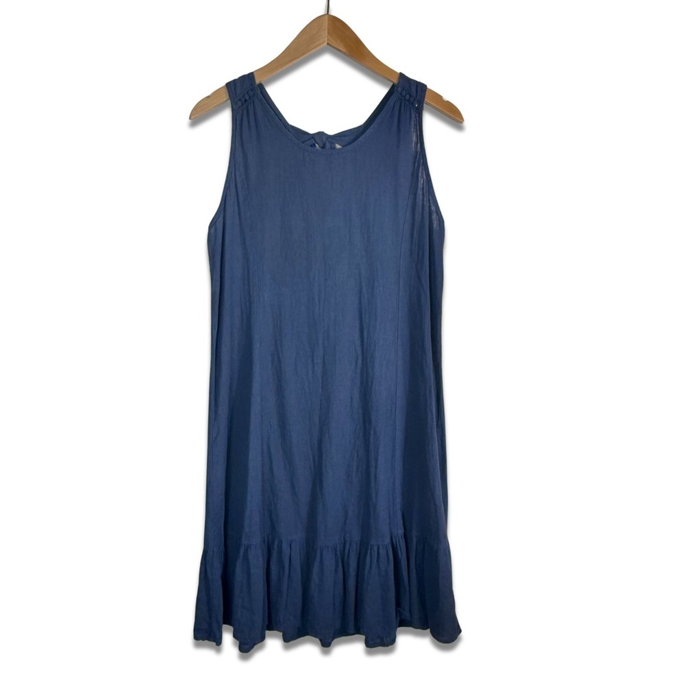 Terzo Millennio Navy Dress‎ S Blue Coastal Linen Ruffle Crochet Italy Day Dress